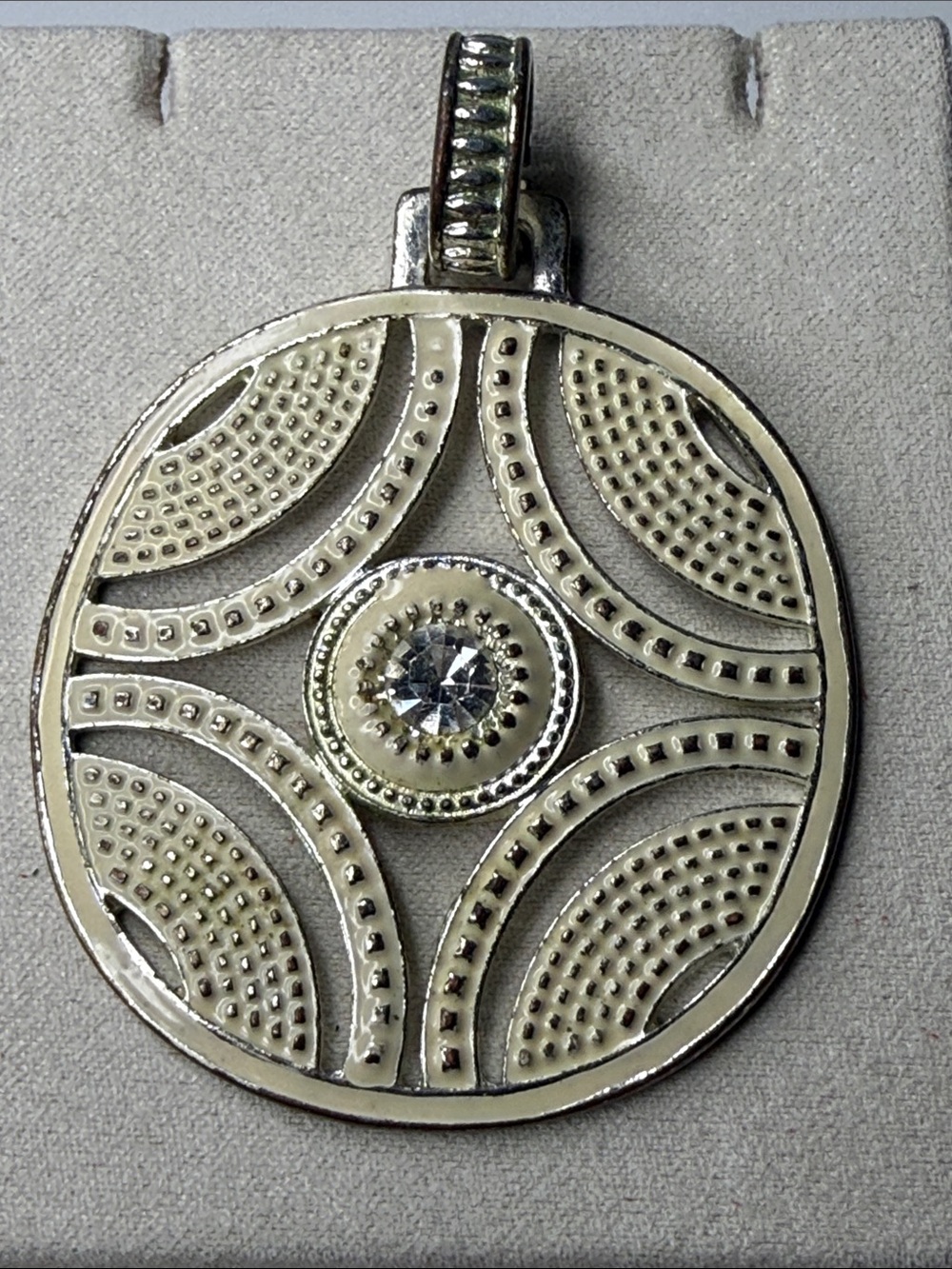 Cream and Silver enamel Round Filigree Pendant rhinestone Accent distressed